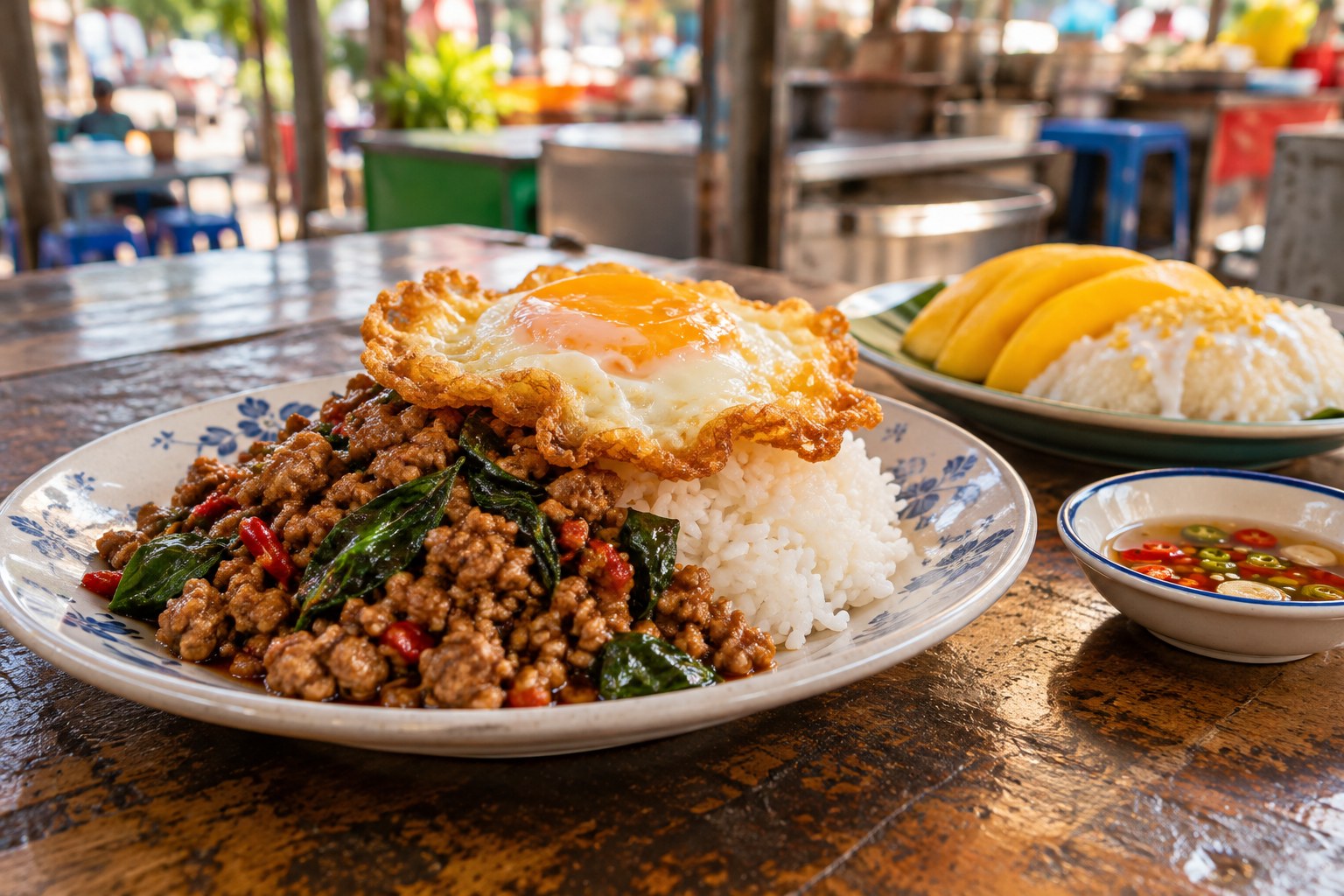 Pad kra pao z ryżem i jajkiem sadzonym oraz mango sticky rice na stole przy stoisku z jedzeniem w Bangkoku