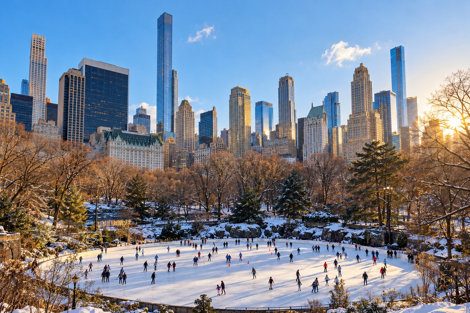 Wollman Rink and Manhattan's skyline in winter sunshine