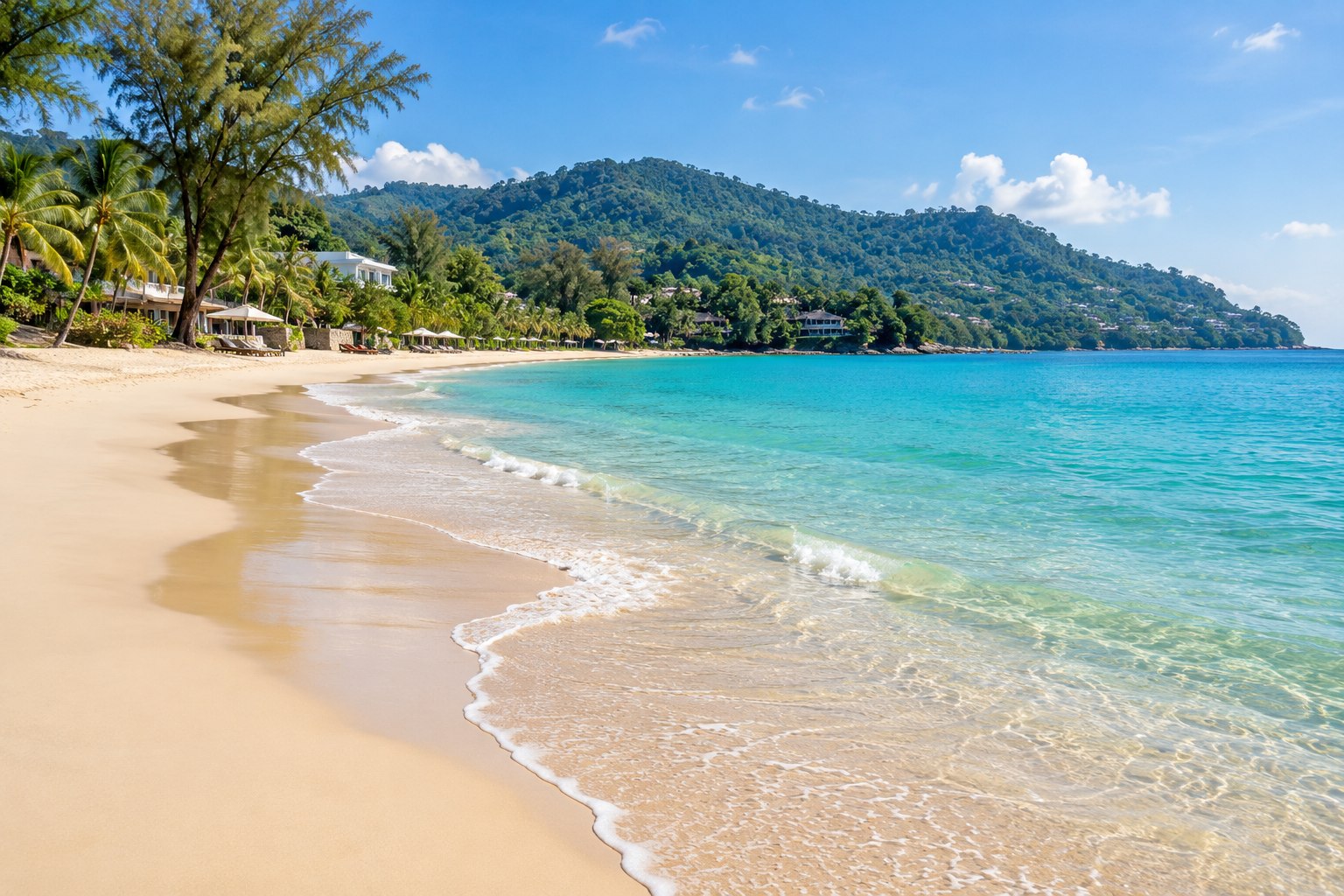 Sanft geschwungener Sandstrand von Kamala mit grünen Hügeln und blauem Wasser der Andamanensee