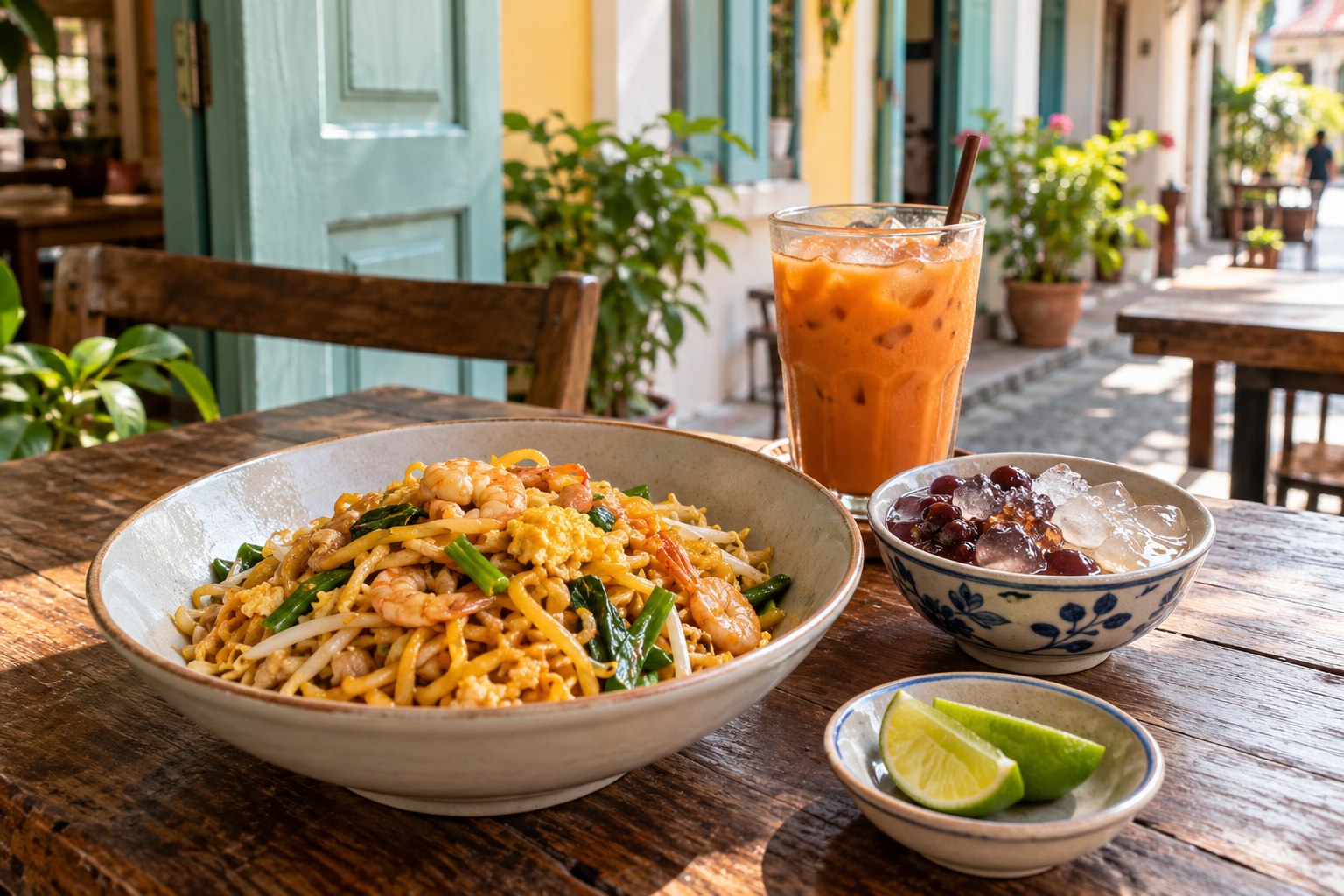 Gebratene Nudeln, gekühltes Geleedessert und thailändischer Eistee auf einem schattigen Cafétisch