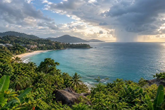 Von Phuket inspirierte Küstenlandschaft mit Regenwolken über dem Meer; Illustration, keine Aufnahme der aktuellen Überschwemmungen
