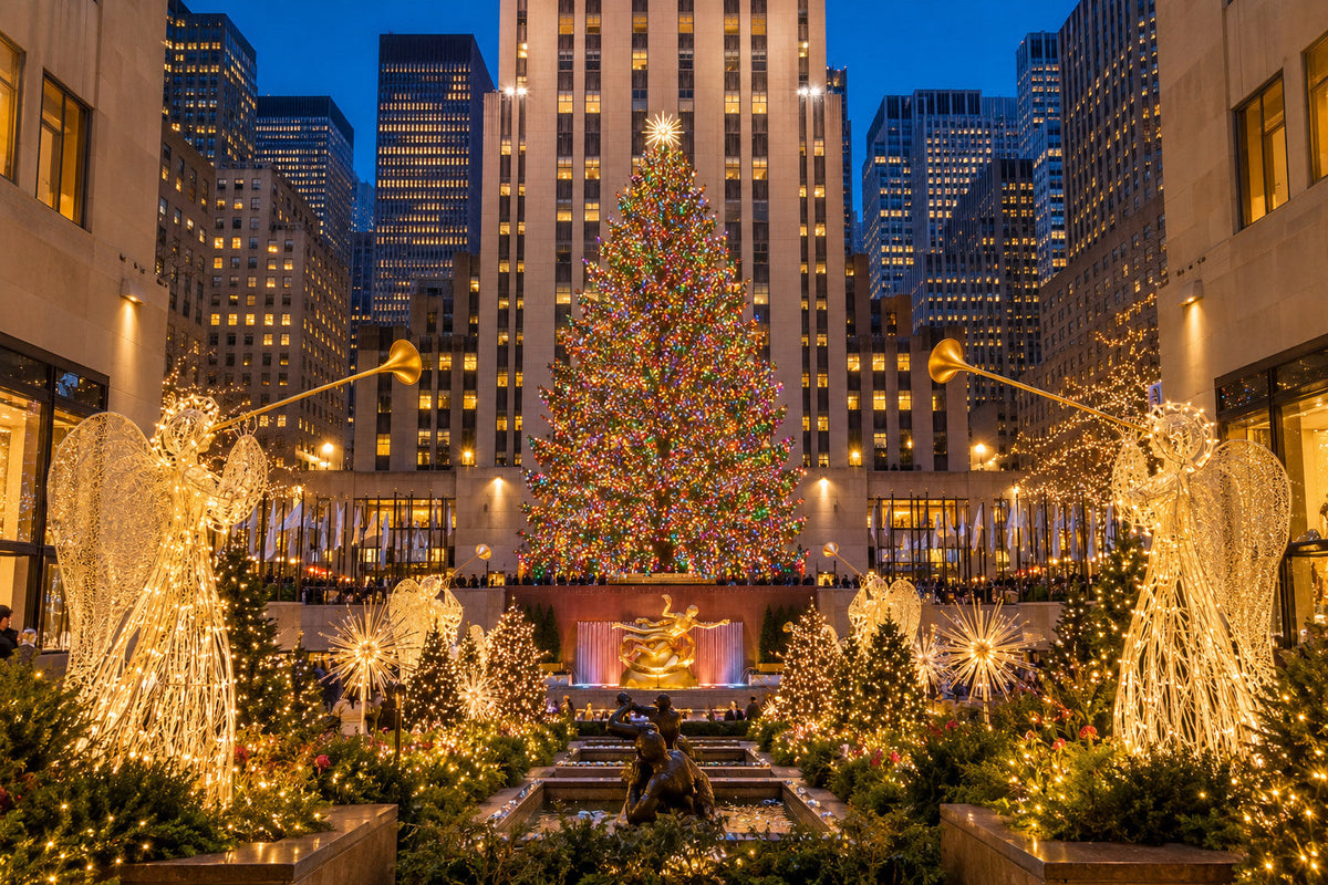 illustration of the Rockefeller Center Christmas tree and golden decorations at blue hour in New York