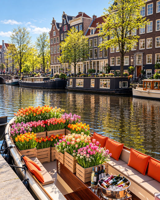 Amsterdam: canal houses and a flower-filled boat