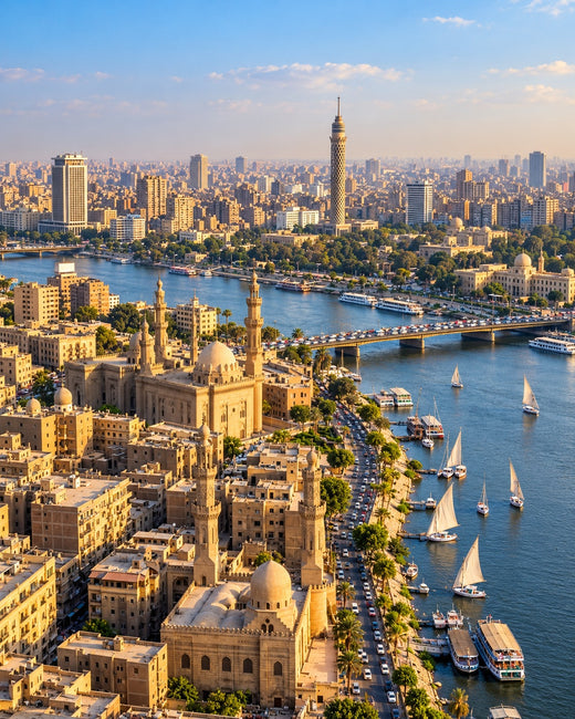 Cairo: the Nile and city riverbanks in golden light