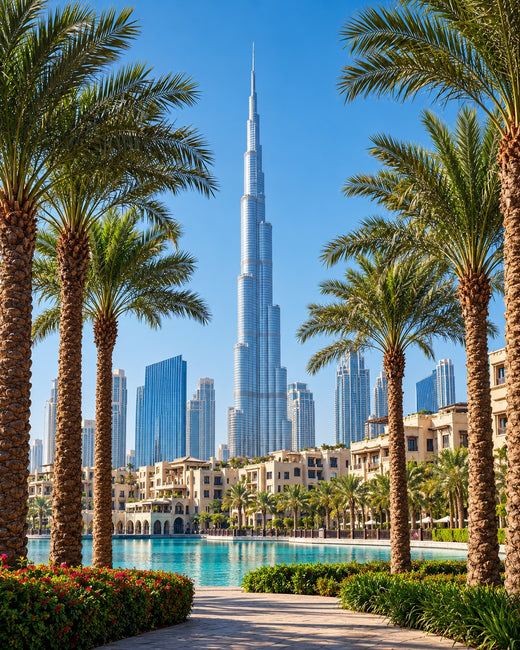 Dubai: Burj Khalifa framed by palms beside the water