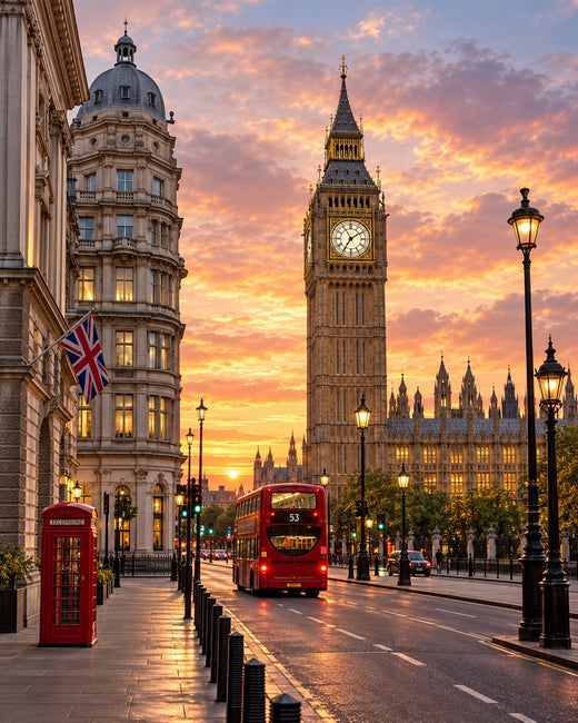 London: Elizabeth Tower, a red bus and a telephone box