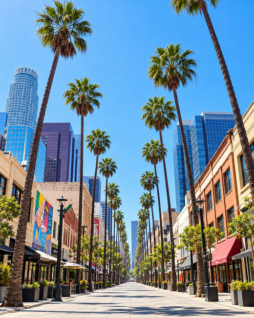 Los Angeles: sunny palm-lined street and city storefronts
