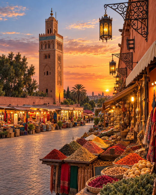 Marrakech: a market stall and the Koutoubia minaret at sunset
