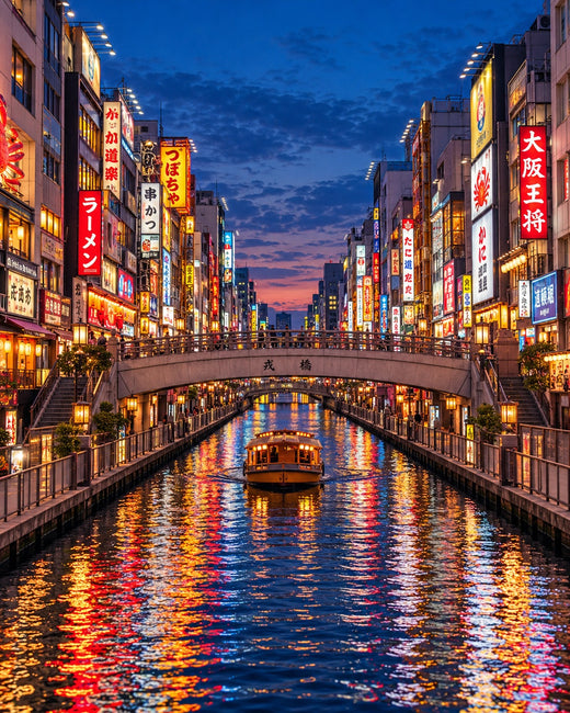 Osaka: illuminated Dotonbori canal at blue hour