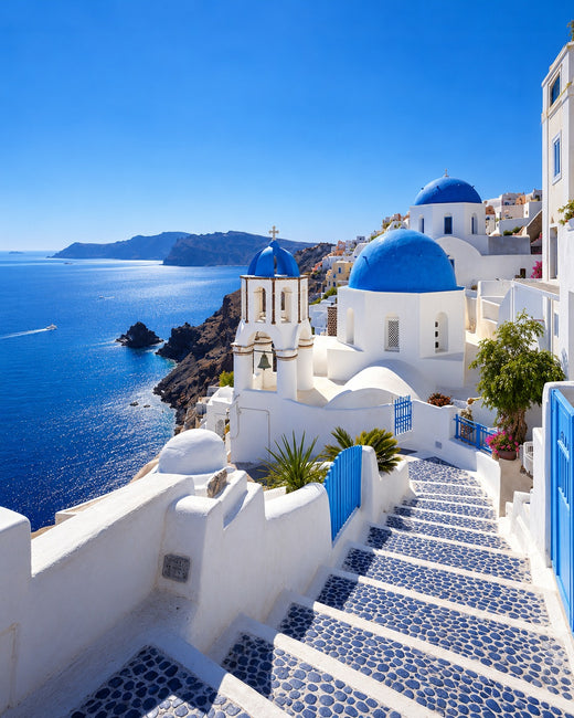 Santorini: Oia blue domes above the Aegean caldera