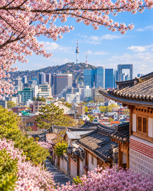 Seoul: traditional hanok rooftops and the city skyline