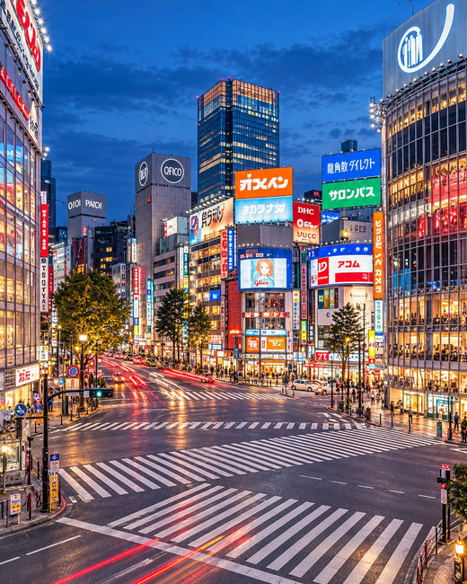 Tokyo: Shibuya crossing and illuminated buildings at blue hour