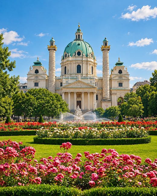 Vienna: Karlskirche dome, columns and flowering gardens