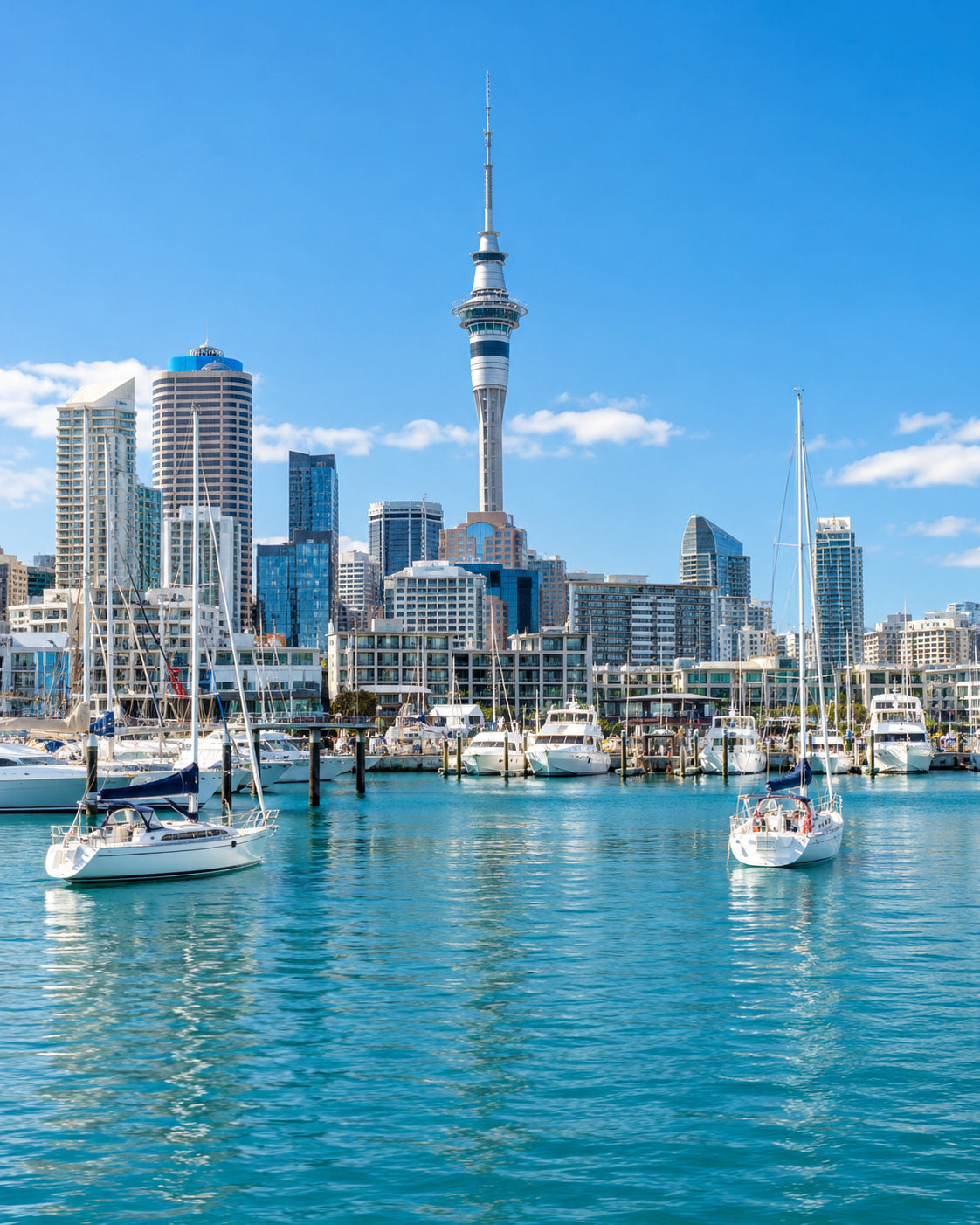 Auckland: auckland skyline with Sky Tower above Viaduct Harbour, white sailing boats and bright clear blue water