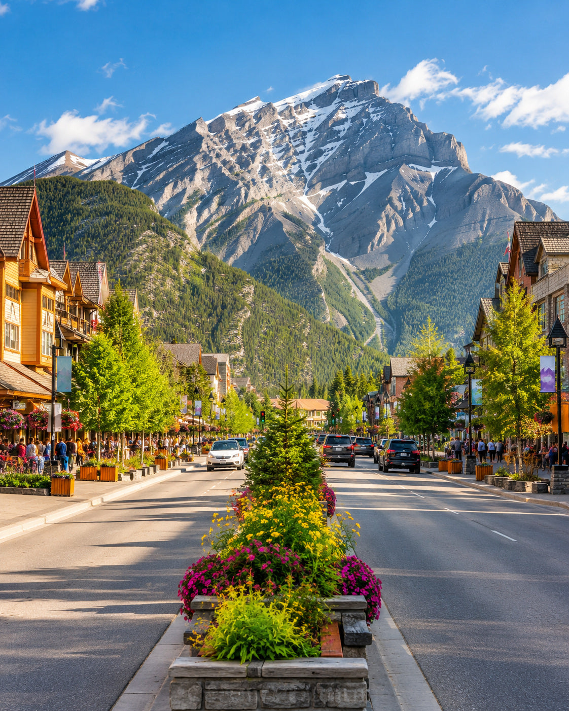 Banff: Banff Avenue mit Blick auf Cascade Mountain, bunten Ortsfassaden und hellem Berglicht
