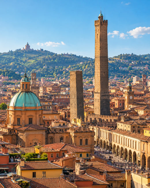 Bologna: rote Terrakottadächer von Bologna mit mittelalterlichen Türmen und Arkaden im warmen Nachmittagslicht