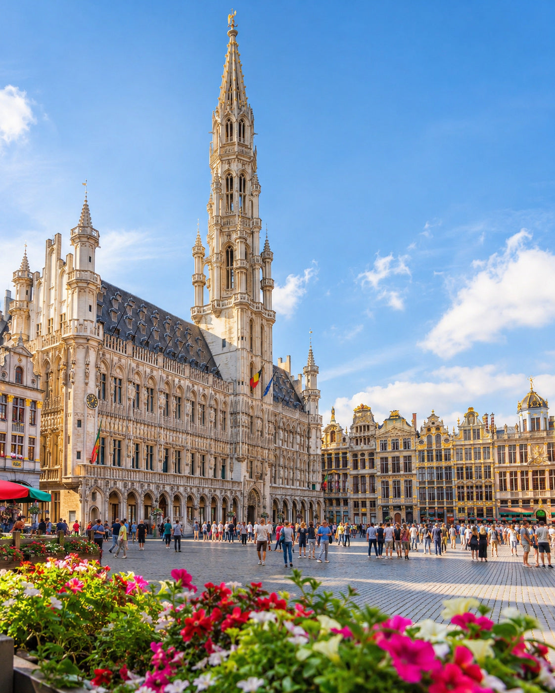 Bruselas: casas gremiales doradas y ayuntamiento de la Grand-Place con suave luz de sol
