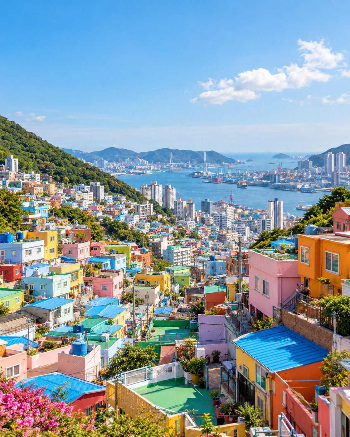Busan: gamcheon Culture Village colourful hillside houses overlooking Busan harbour in clear sunny daylight