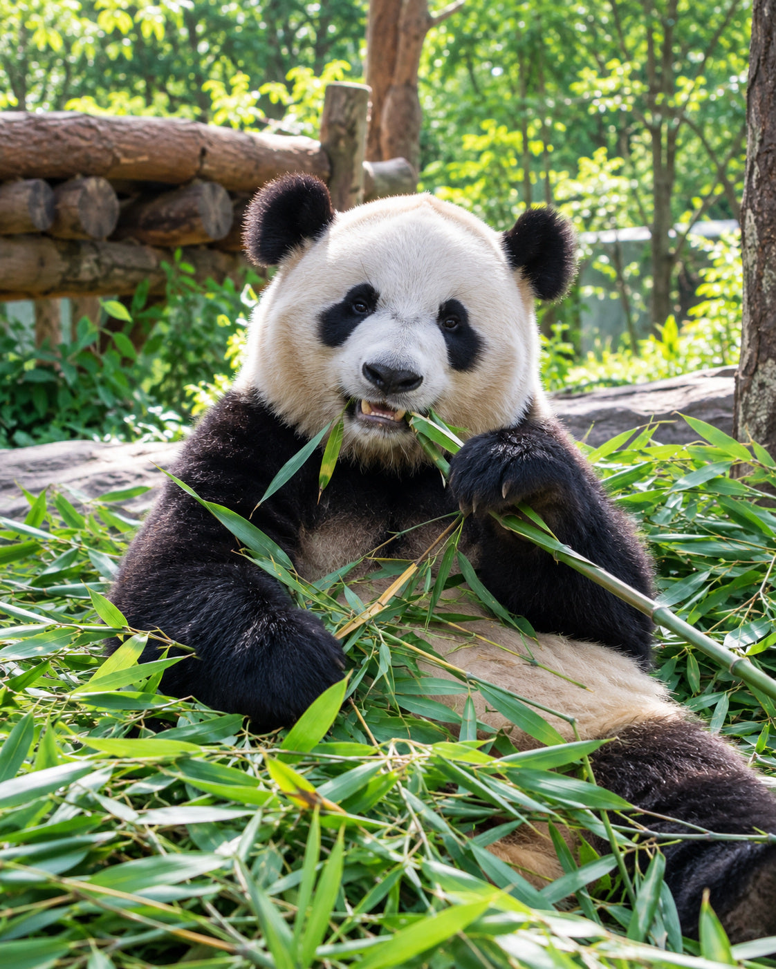 Chengdu: a giant panda among fresh bamboo at the Chengdu panda base, natural dappled sunshine and realistic animal detail
