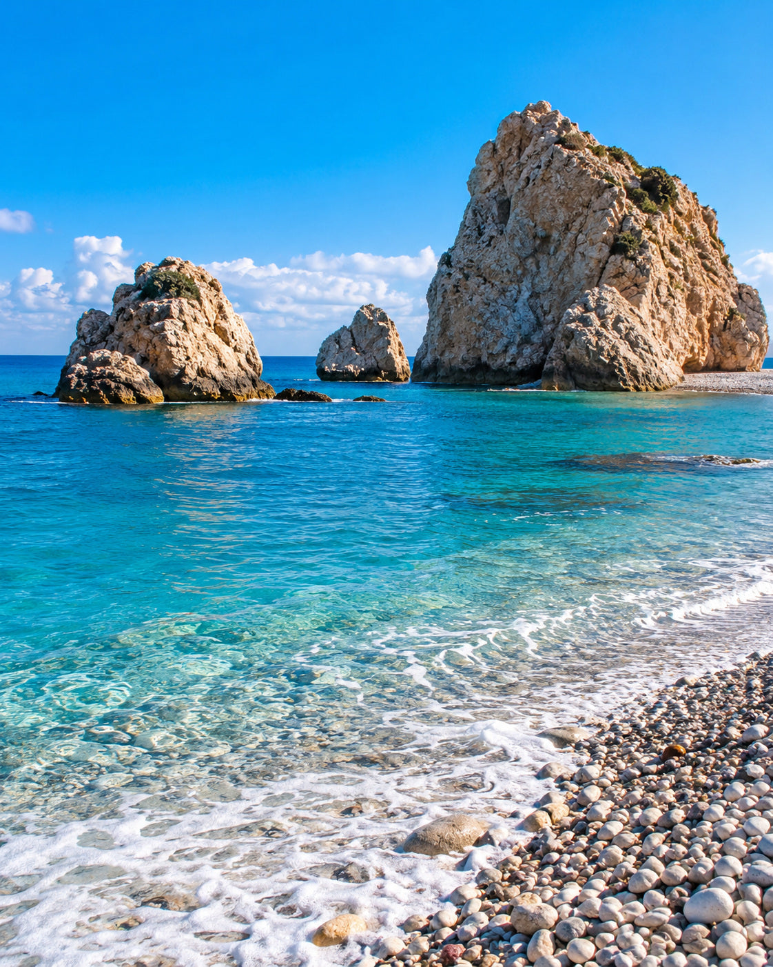 Cypr: skały Petra tou Romiou koło Pafos, turkusowe morze i jasna kamienista plaża