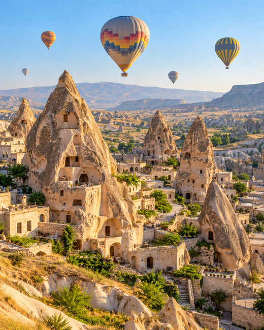 Göreme: Feenkamine und Höhlenhäuser in Göreme mit einigen Heißluftballons im warmen Morgenlicht