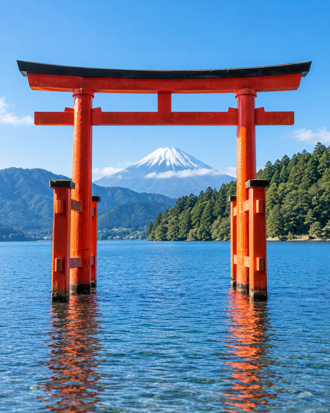 Hakone: red torii at Lake Ashi, green forest and distant Mount Fuji in a plausible clear morning view