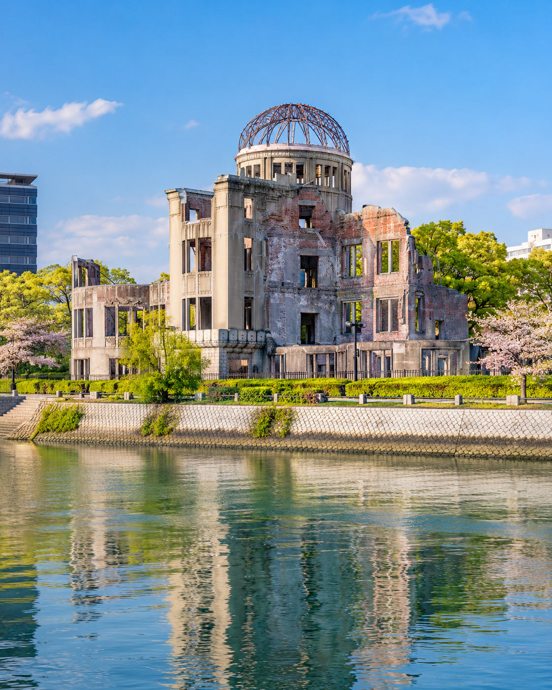 Hiroshima: atomic Bomb Dome across the Motoyasu River, fresh green trees and clear peaceful daylight