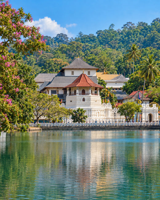 Kandy: Zahntempel am Kandy-See mit Ziegeldächern, weißen Mauern und grünen Hügeln