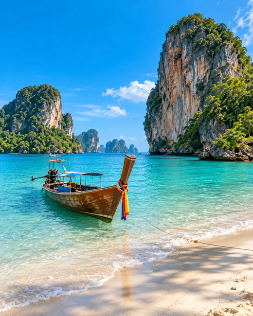 Krabi: Railay Beach mit türkisfarbenem Meer, Longtailboot, Kalksteinfelsen und weißem Sand im Sonnenschein