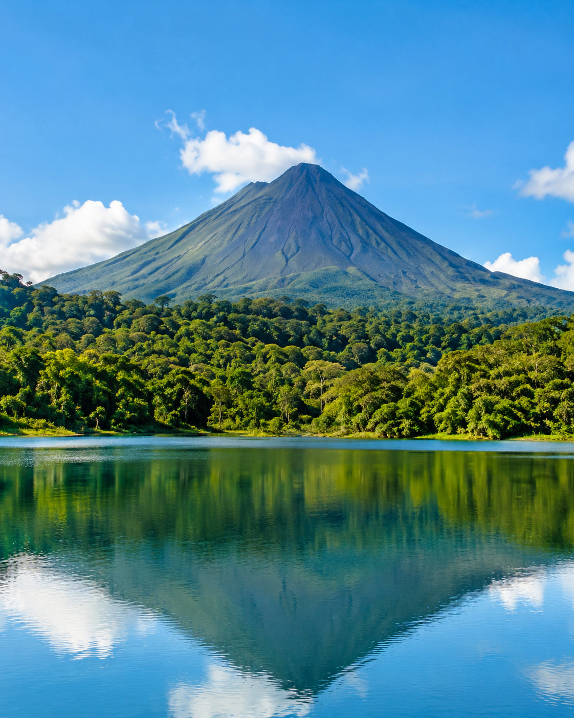 La Fortuna: arenal Volcano seen above lush green rainforest and a reflective lake in clear bright tropical daylight
