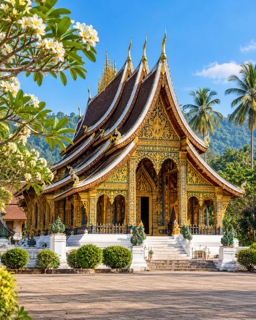 Luang Prabang: verzierte mehrstufige Dächer des Wat Xieng Thong mit goldenen Details und Frangipanibäumen