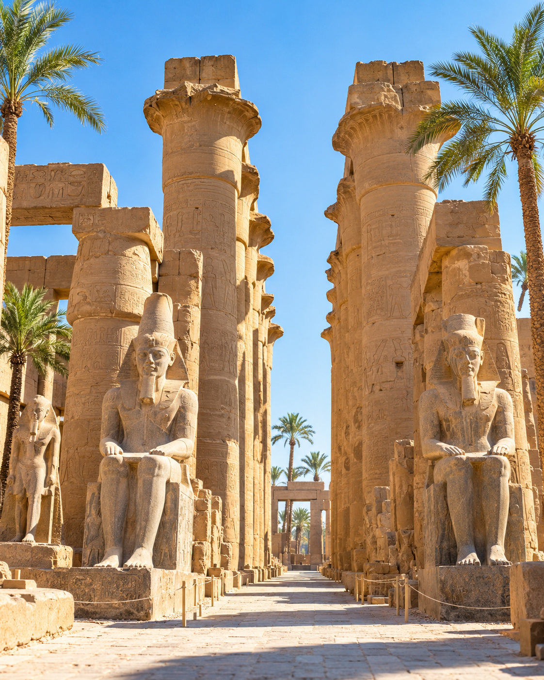 Luxor: karnak temple monumental stone columns and avenue details with green palms and clear blue Egyptian sky