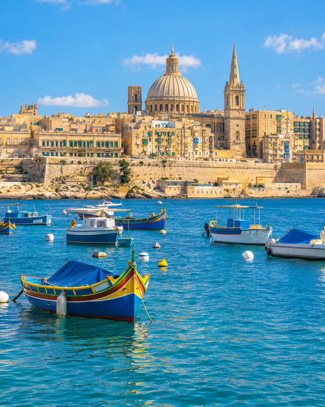 Malta: Valletta skyline with its dome and limestone buildings above blue harbour water