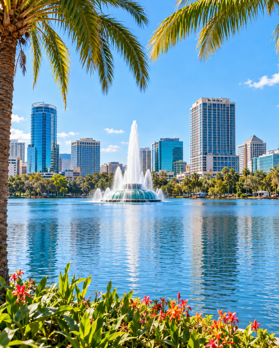 Orlando: orlando Lake Eola white fountain and lake with downtown skyline, palms and bright Florida sunshine