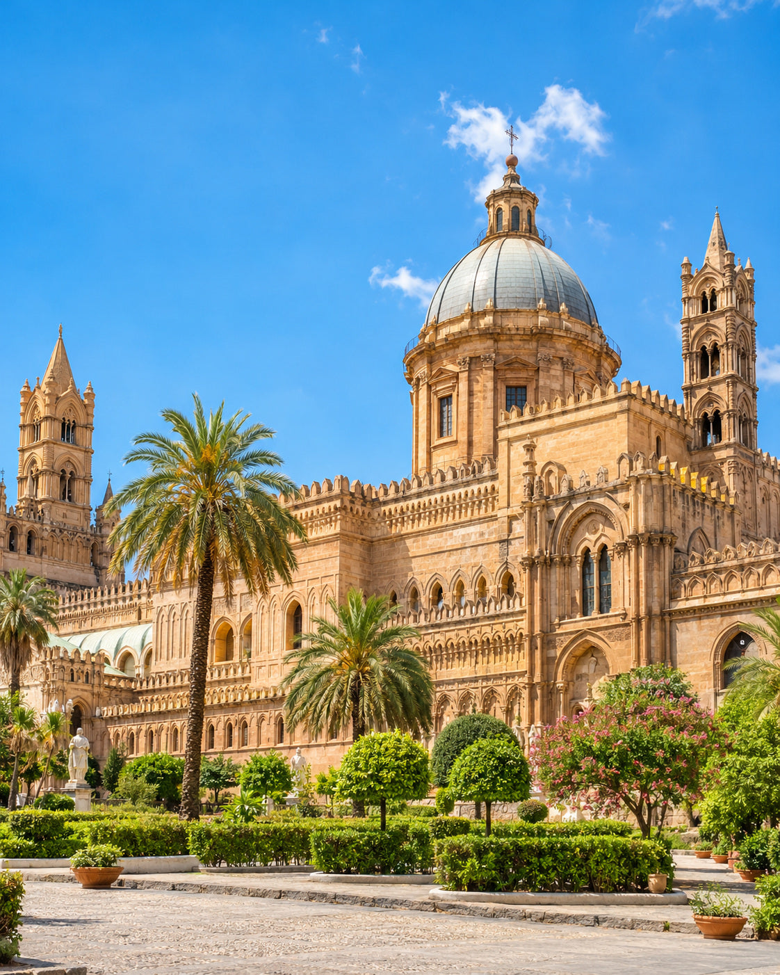 Palermo: palermo Cathedral warm pale stone, ornate towers, palm trees and bright blue Sicilian sky