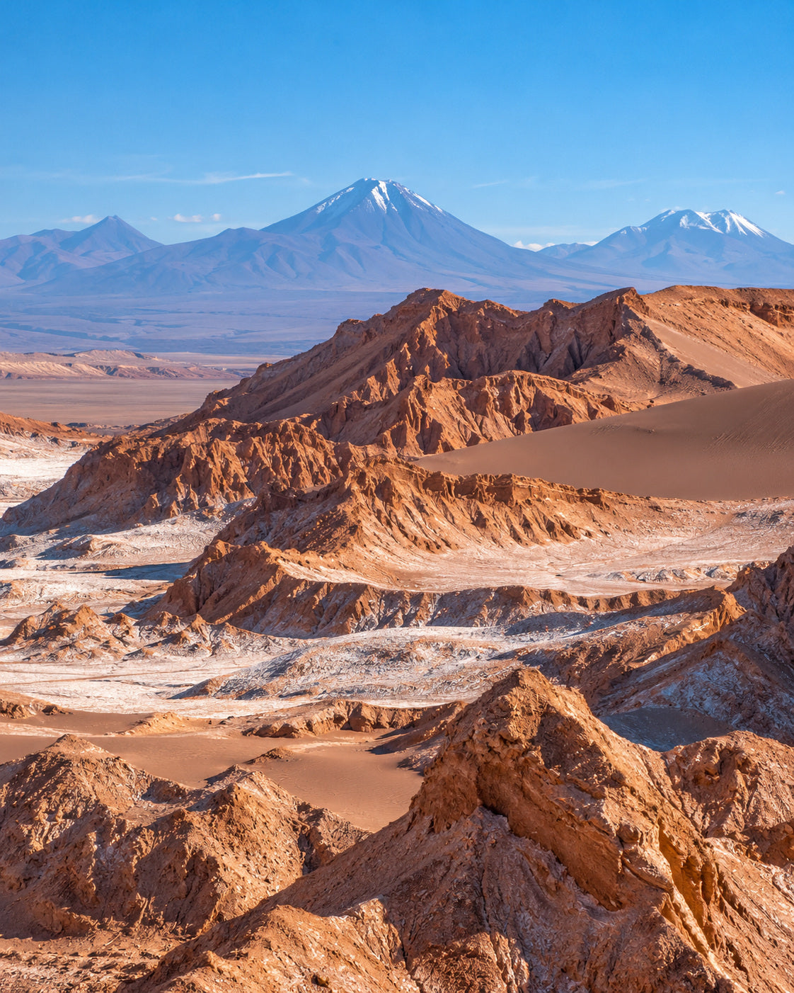 San Pedro de Atacama: ockerfarbene Dünen und Salzrücken im Valle de la Luna mit Andenvulkanen im Hintergrund