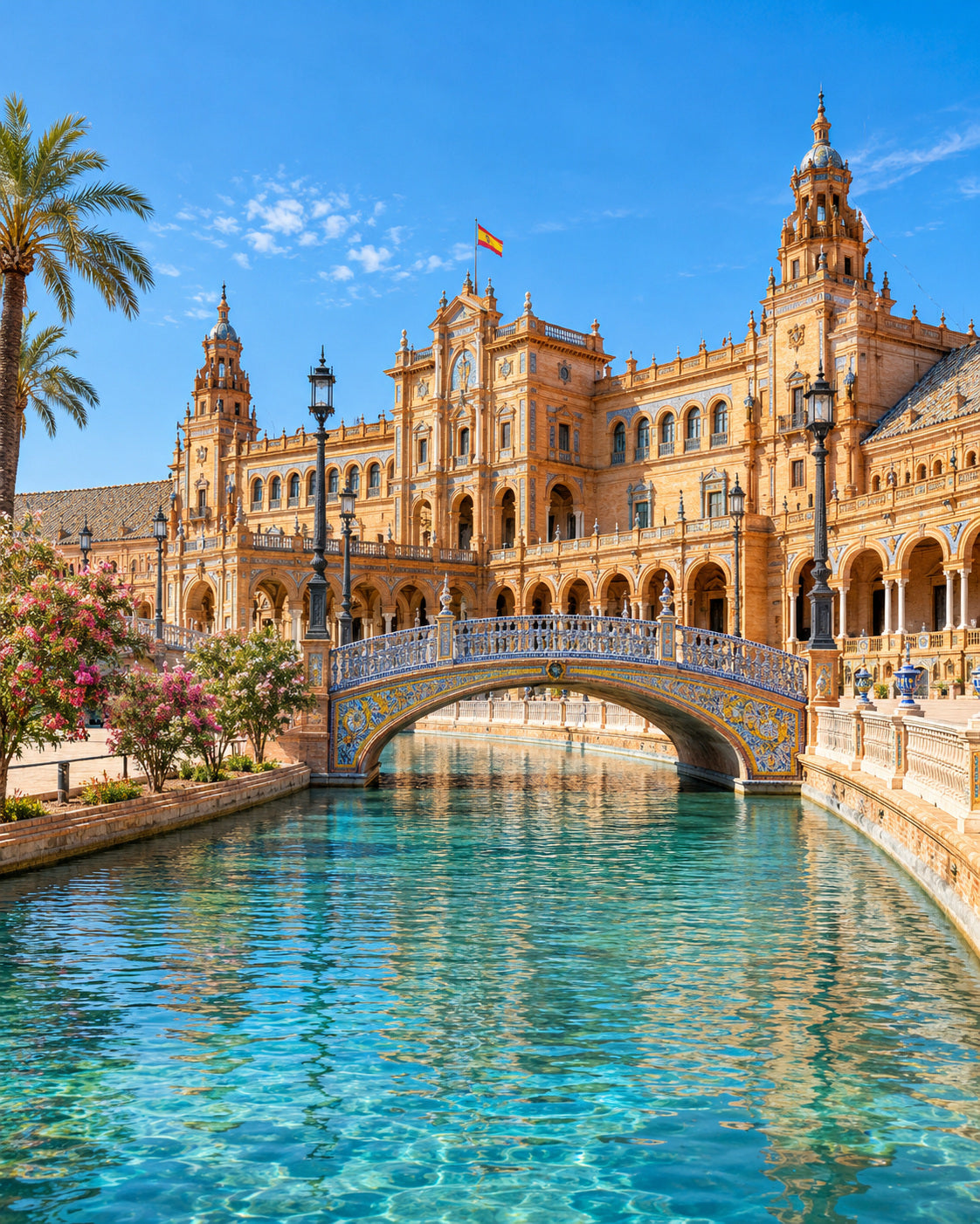 Seville: plaza de Espana curved arcade and canal, decorative tile bridge, palms and bright clear blue sky