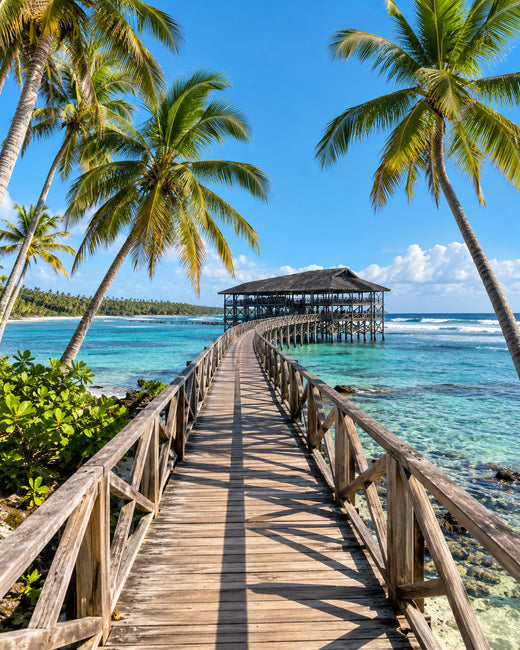 Siargao: hölzerner Cloud-9-Steg über türkisfarbenem Meer mit Kokospalmen und kleinen Wellen