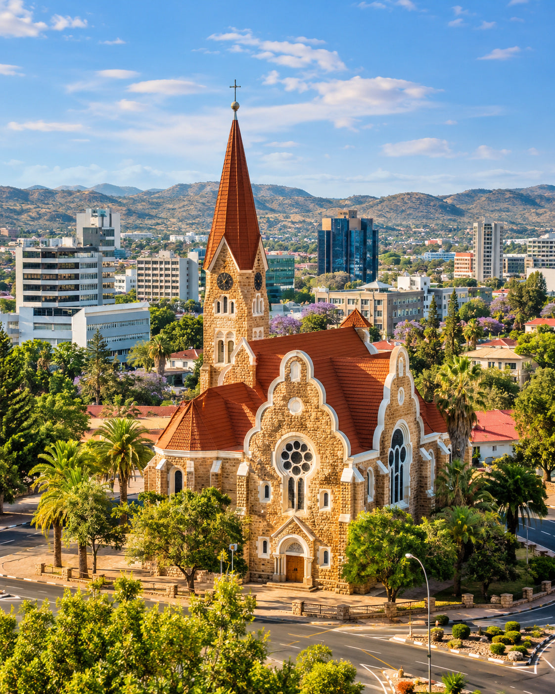 Windhoek: windhoek Christuskirche warm sandstone walls and red roof with modern city buildings and green hills in bright daylight