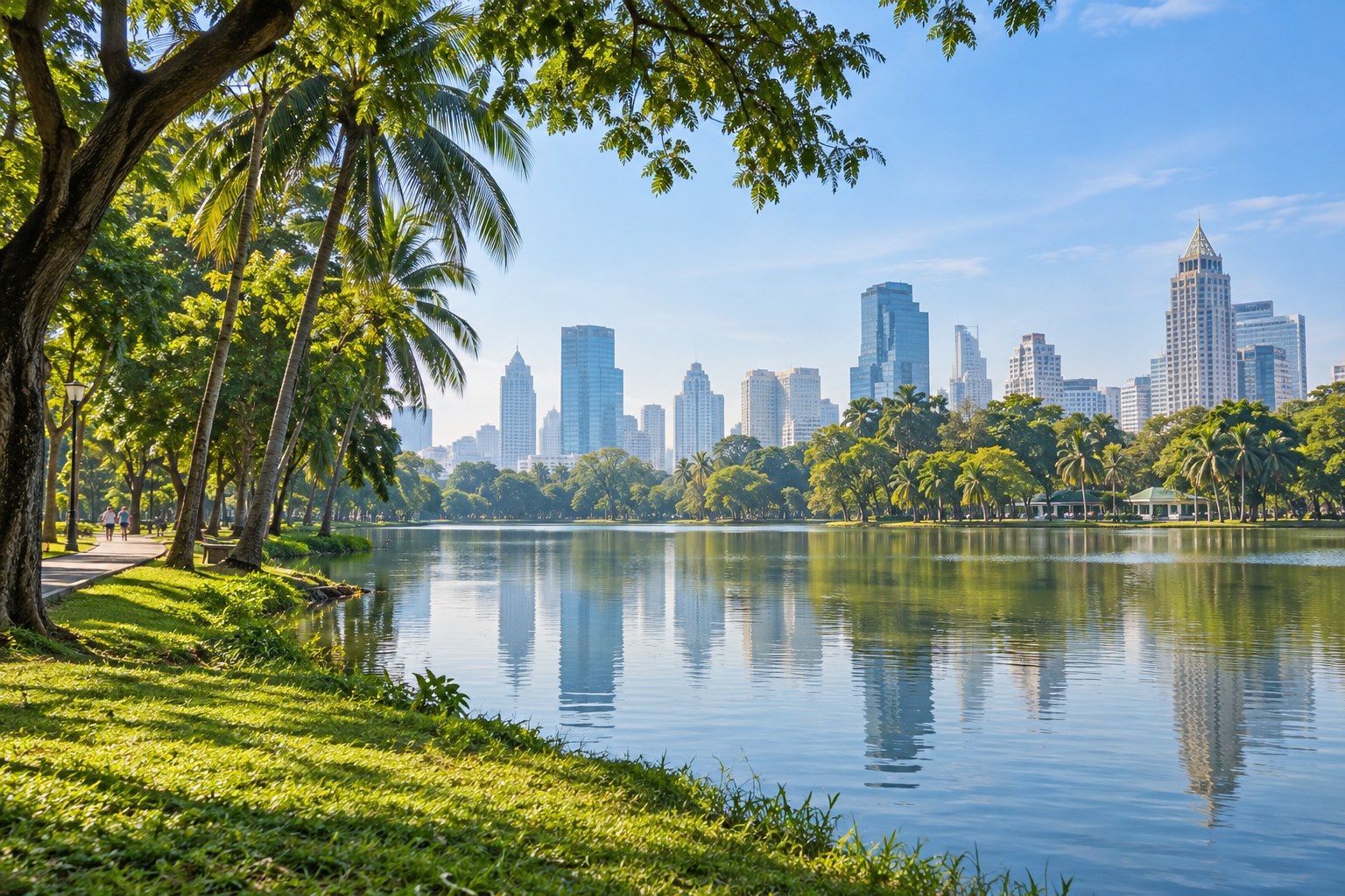 Zielone drzewa nad jeziorem w parku Lumpini z panoramą Bangkoku w tle