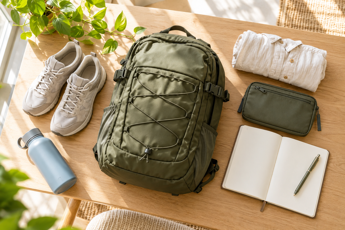 A compact backpack, walking shoes, notebook, reusable water bottle and travel essentials on a bright wooden table