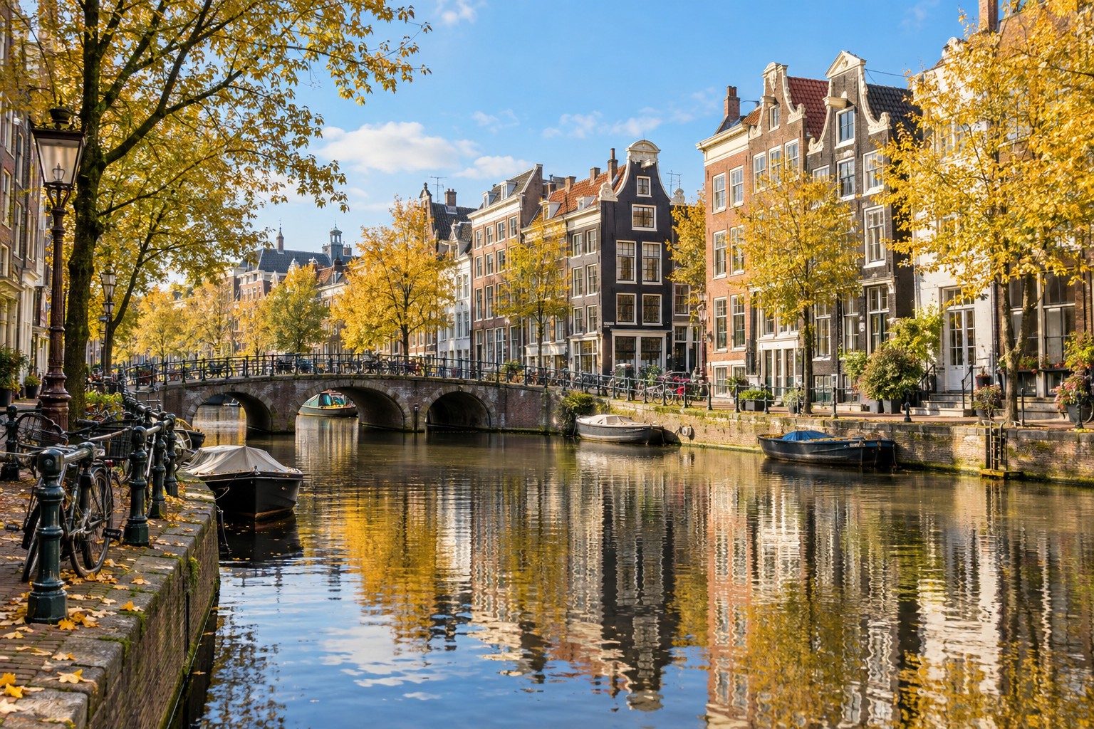 Kamienice i most nad kanałem w Amsterdamie odbite w wodzie pod złotymi jesiennymi drzewami