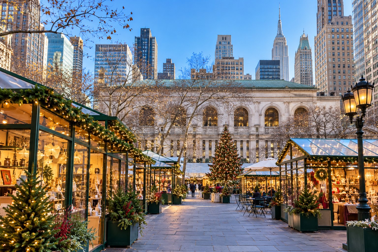 Bryant Park's Christmas market in bright winter daylight