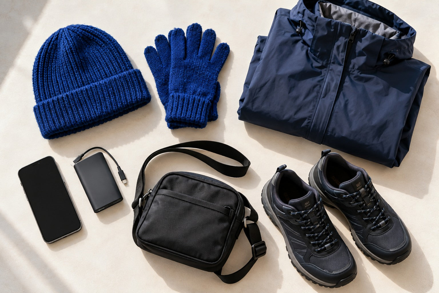 Winter travel essentials: warm hat and gloves, outer layer, walking shoes, small bag, phone and power bank