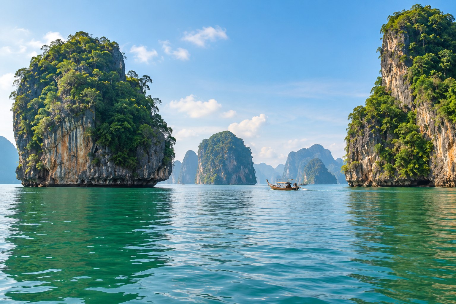 Longtailboot zwischen bewaldeten Kalksteininseln im jadegrünen Wasser der Phang Nga Bay