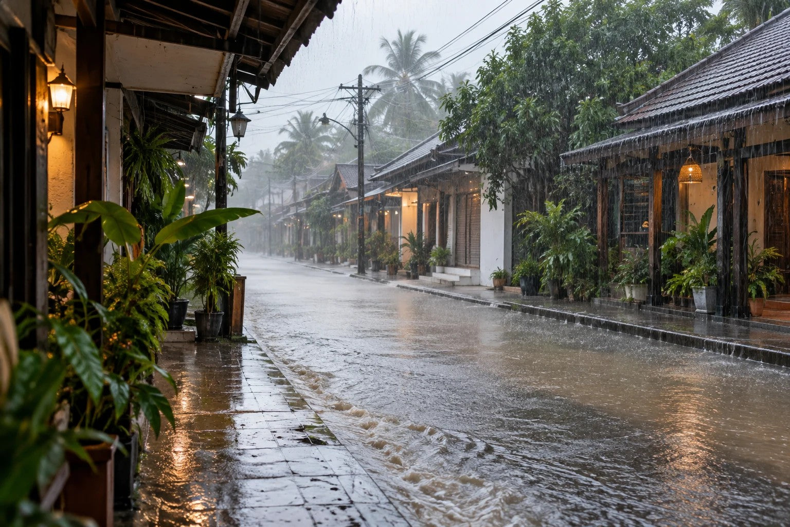 Illustration von starkem Regen und flachem stehendem Wasser in einer beispielhaften südthailändischen Straße