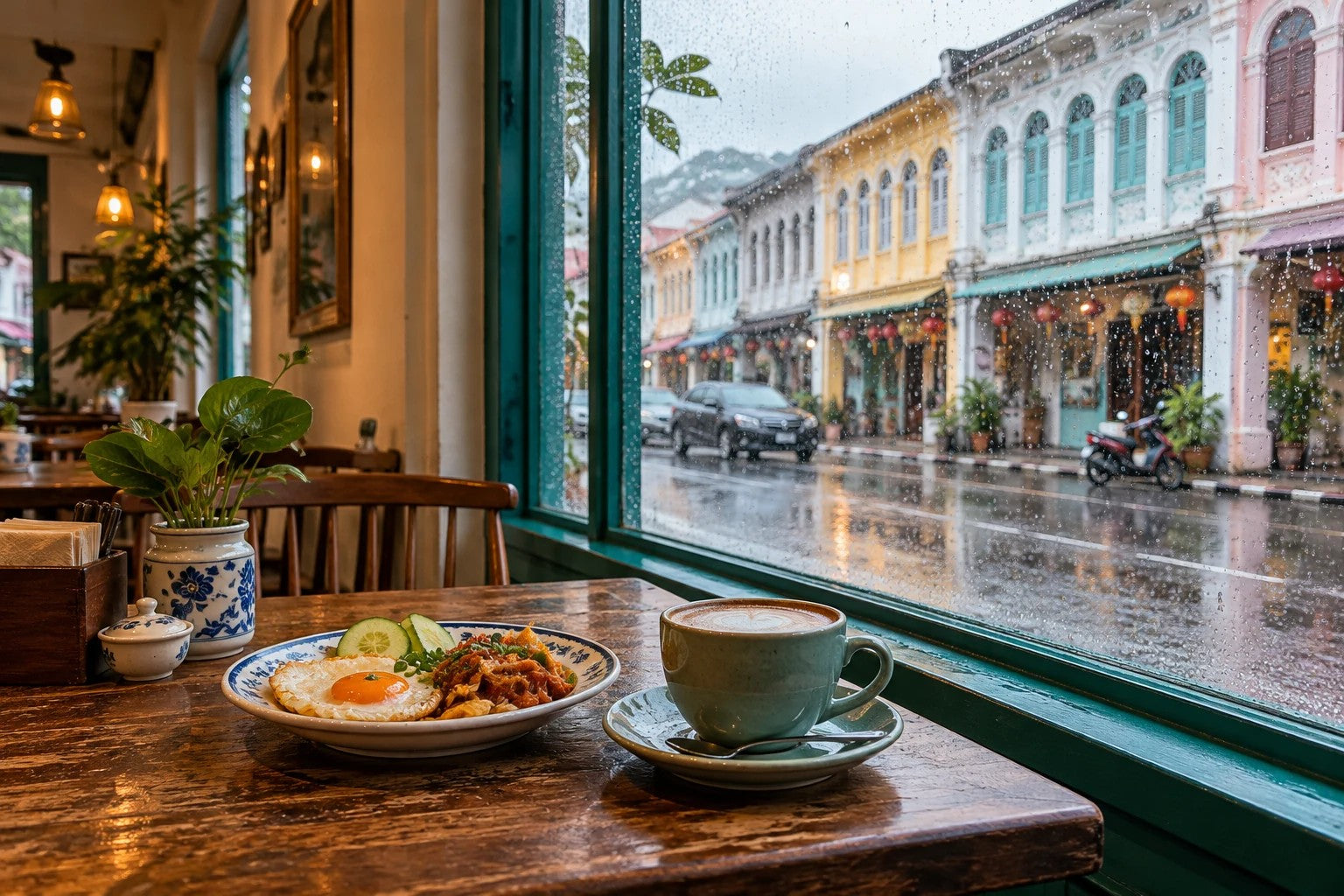 Kaffee und Frühstück an einem verregneten Fenster in einem von Phuket Old Town inspirierten Café, redaktionelle Illustration