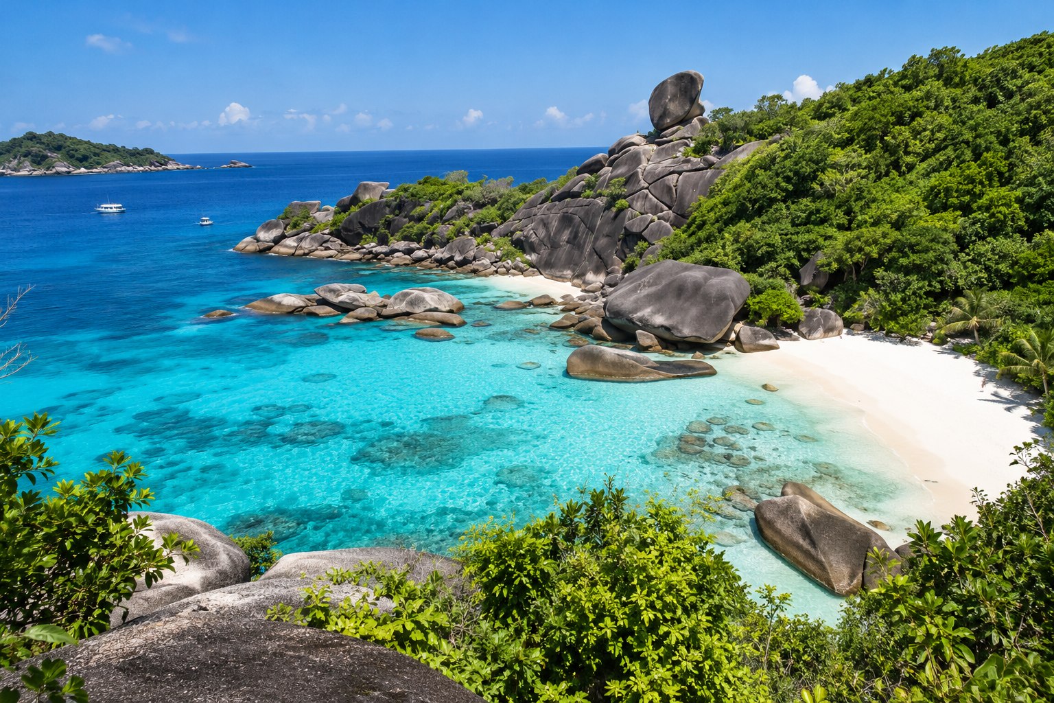 Granitfelsen über einer Bucht mit weißem Sand und türkisfarbenem Wasser auf den Similan-Inseln